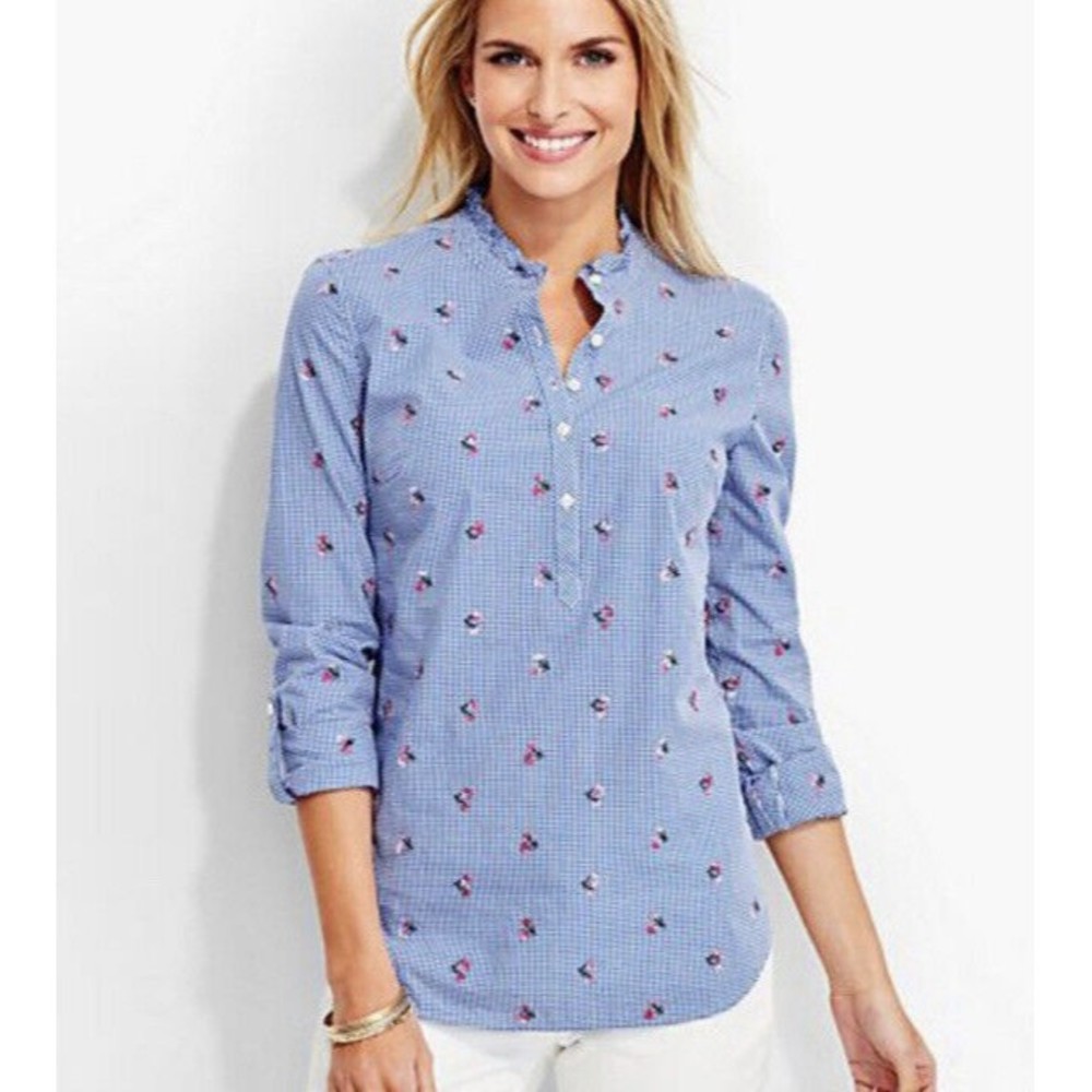 Talbots Women’s Shirt Blue Floral Cottagecore Embroidered Long Sleeve Large